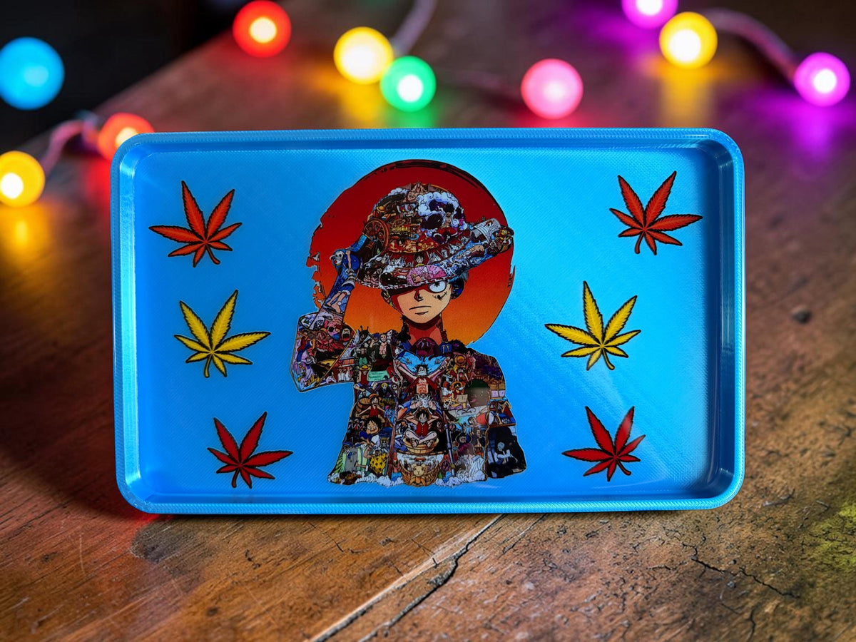 One Anime Rolling Tray, Glossy Epoxy Smoke Design, Collage Character Art