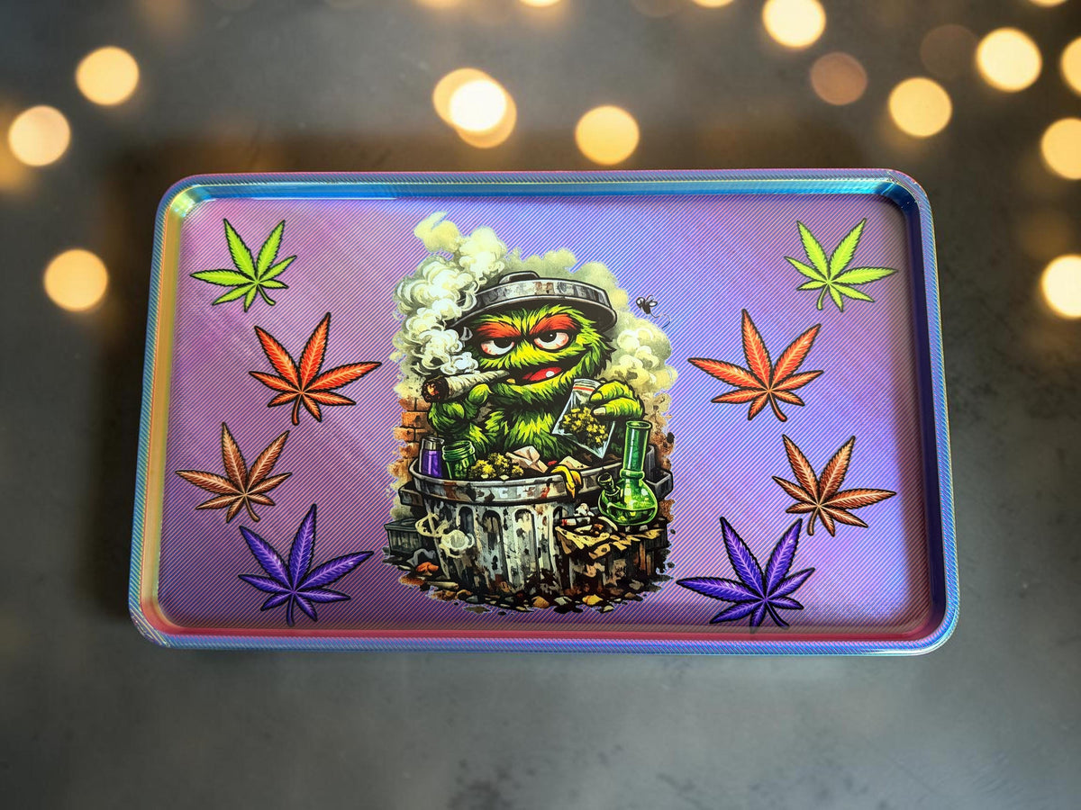 Grumpy Green Trash Can Character Rolling Tray, Metallic Rainbow Glossy Epoxy 10.5 x 6.5