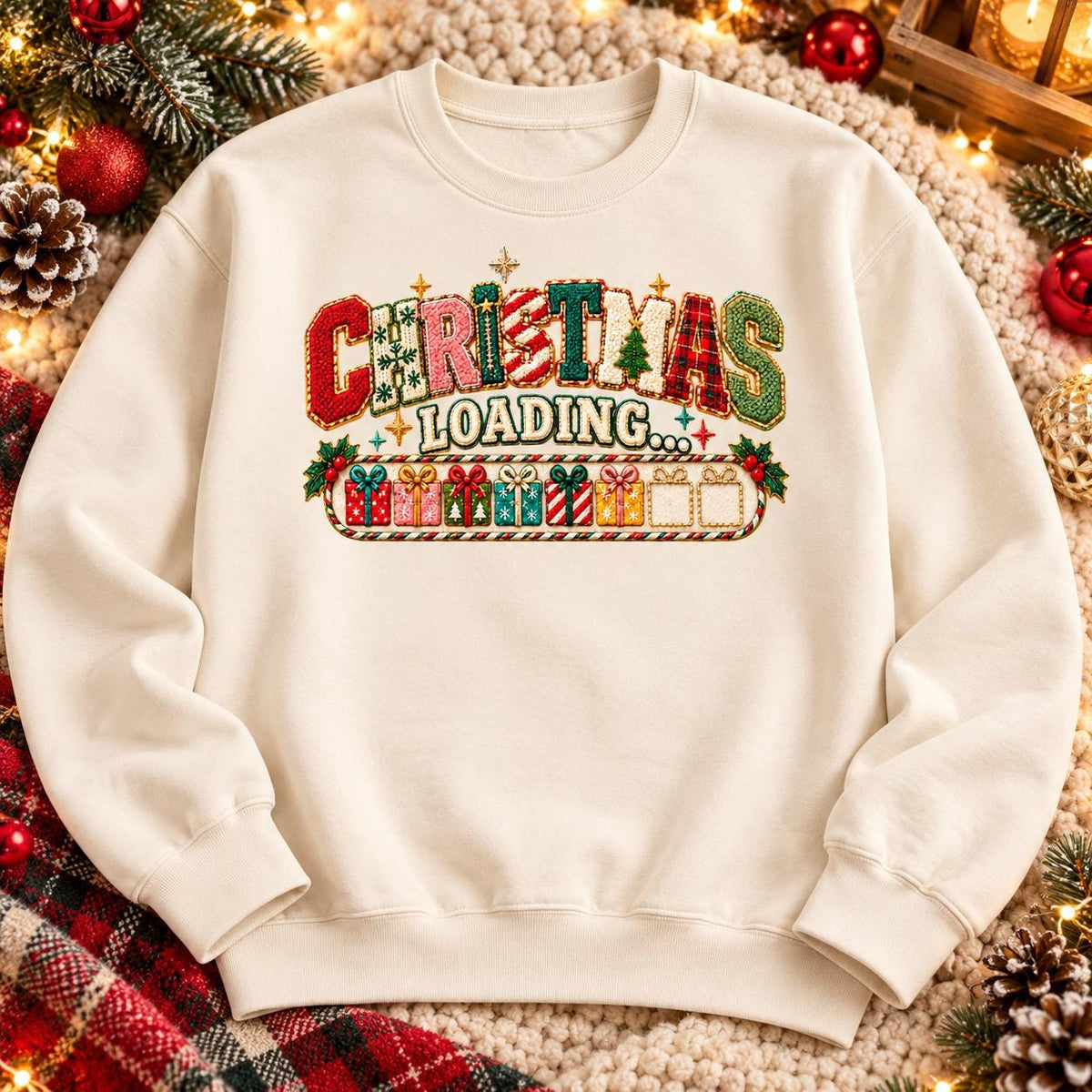 Christmas Loading PNG, Faux Chenille Patch Letters, Retro Christmas Sublimation Design, Kids Christmas Shirt PNG, Embroidery Look DTF