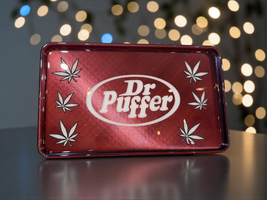 Dr Puffer Rolling Tray | Retro Parody Stash Tray | Metallic Red Epoxy Finish