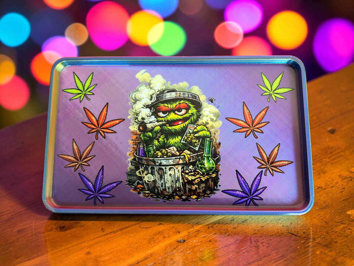 Grumpy Green Trash Can Character Rolling Tray, Metallic Rainbow Glossy Epoxy 10.5 x 6.5