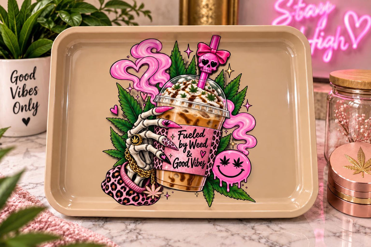 Girly 3D Printed Rolling Tray Set, Iced Coffee Stash Tray, Skeleton Artwork (Tan)