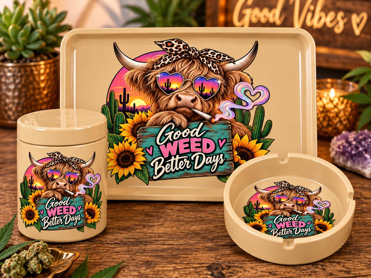 Western Highland Cow Rolling Tray Set, 3D Printed Glossy Stash Tray with Jar & Ashtray