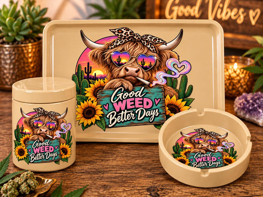 Western Highland Cow Rolling Tray Set, 3D Printed Glossy Stash Tray with Jar & Ashtray