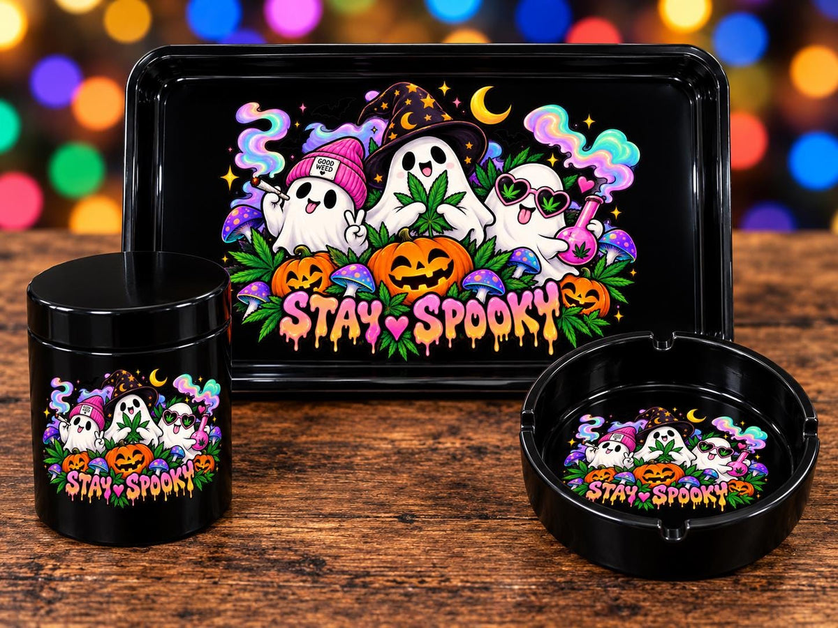 3D Printed Halloween Rolling Tray Set, Ghost Pumpkin Art, Glossy Black (Optional Jar & Ashtray)