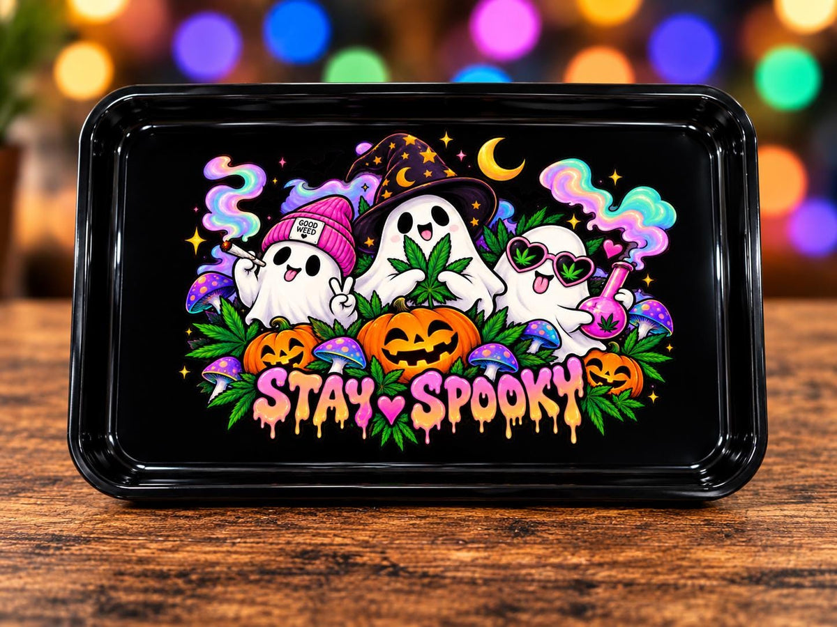 3D Printed Halloween Rolling Tray Set, Ghost Pumpkin Art, Glossy Black (Optional Jar & Ashtray)