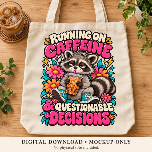 Funny raccoon coffee sticker PNG design