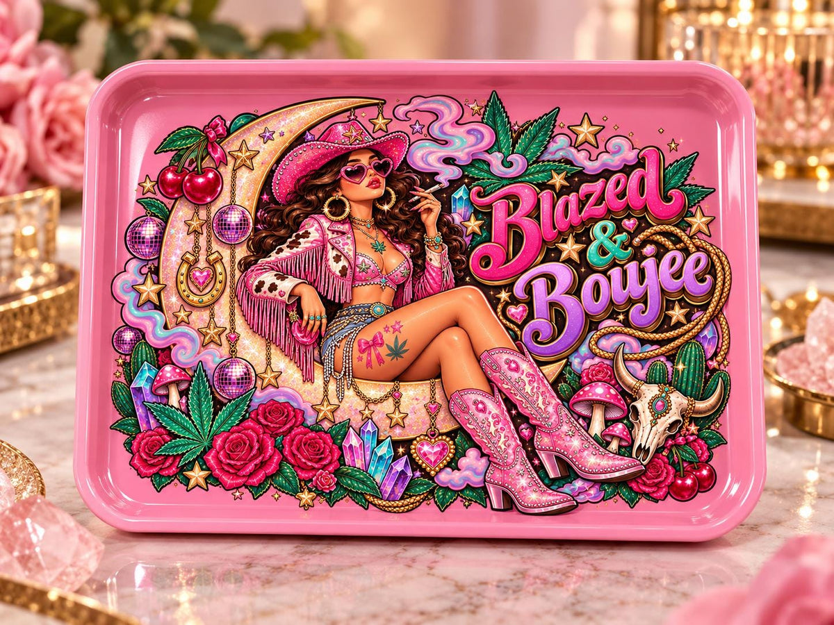 Blazed and Boujee Rolling Tray Set, Pink Girly Rolling Tray, Cowgirl Weed Tray, Matching Jar and Ashtray, Handmade Epoxy Tray Set