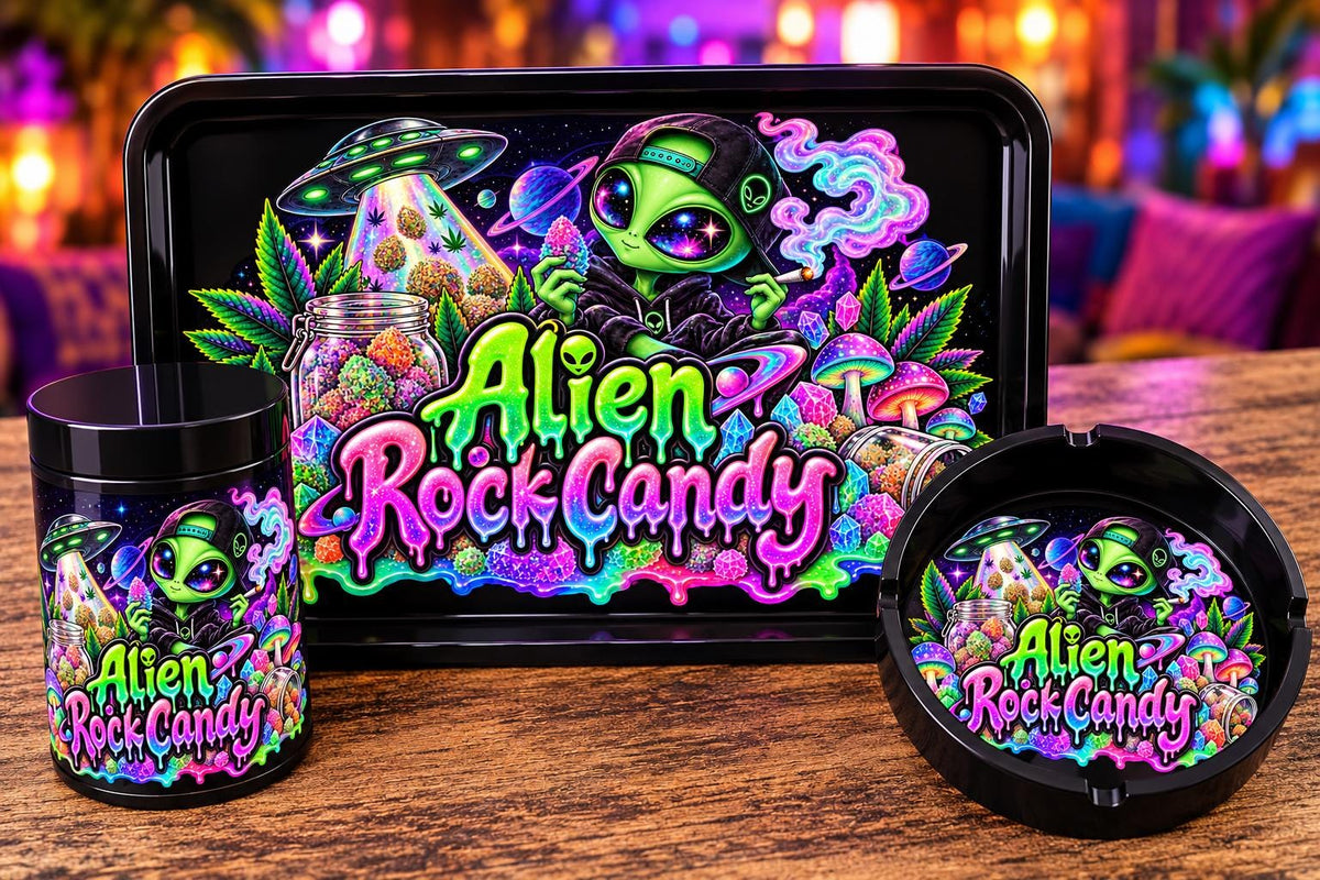 Alien Rock Candy Rolling Tray Set with Optional Stash Jar & Ashtray, Black Neon UFO Space Design, Trippy Mushroom Gift for Him or Her