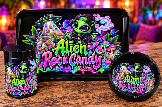 Alien Rock Candy Rolling Tray Set with Optional Stash Jar & Ashtray, Black Neon UFO Space Design, Trippy Mushroom Gift for Him or Her