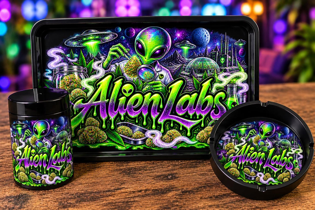 Galactic Greenhouse Rolling Tray Set with Optional Stash Jar & Ashtray, Black Neon Alien Scientist UFO Design, Space Gift for Him or Her
