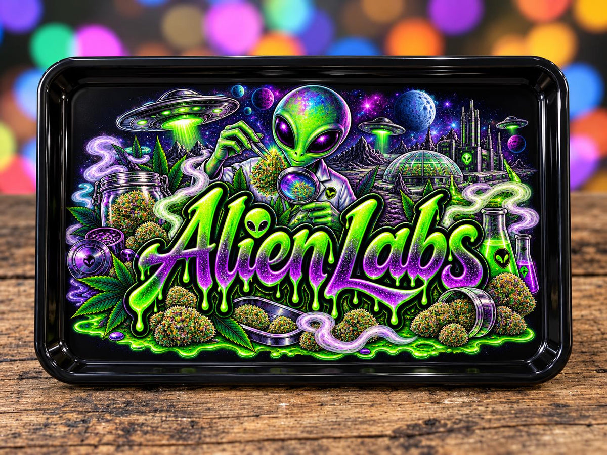 Galactic Greenhouse Rolling Tray Set with Optional Stash Jar & Ashtray, Black Neon Alien Scientist UFO Design, Space Gift for Him or Her