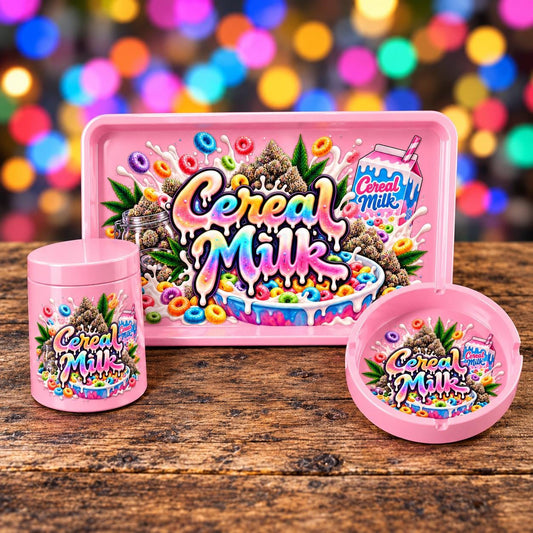 Cereal Milk Rolling Tray Set with Optional Stash Jar & Ashtray, Pink Rainbow Breakfast Bowl Design, Cute Girly Gift for Her