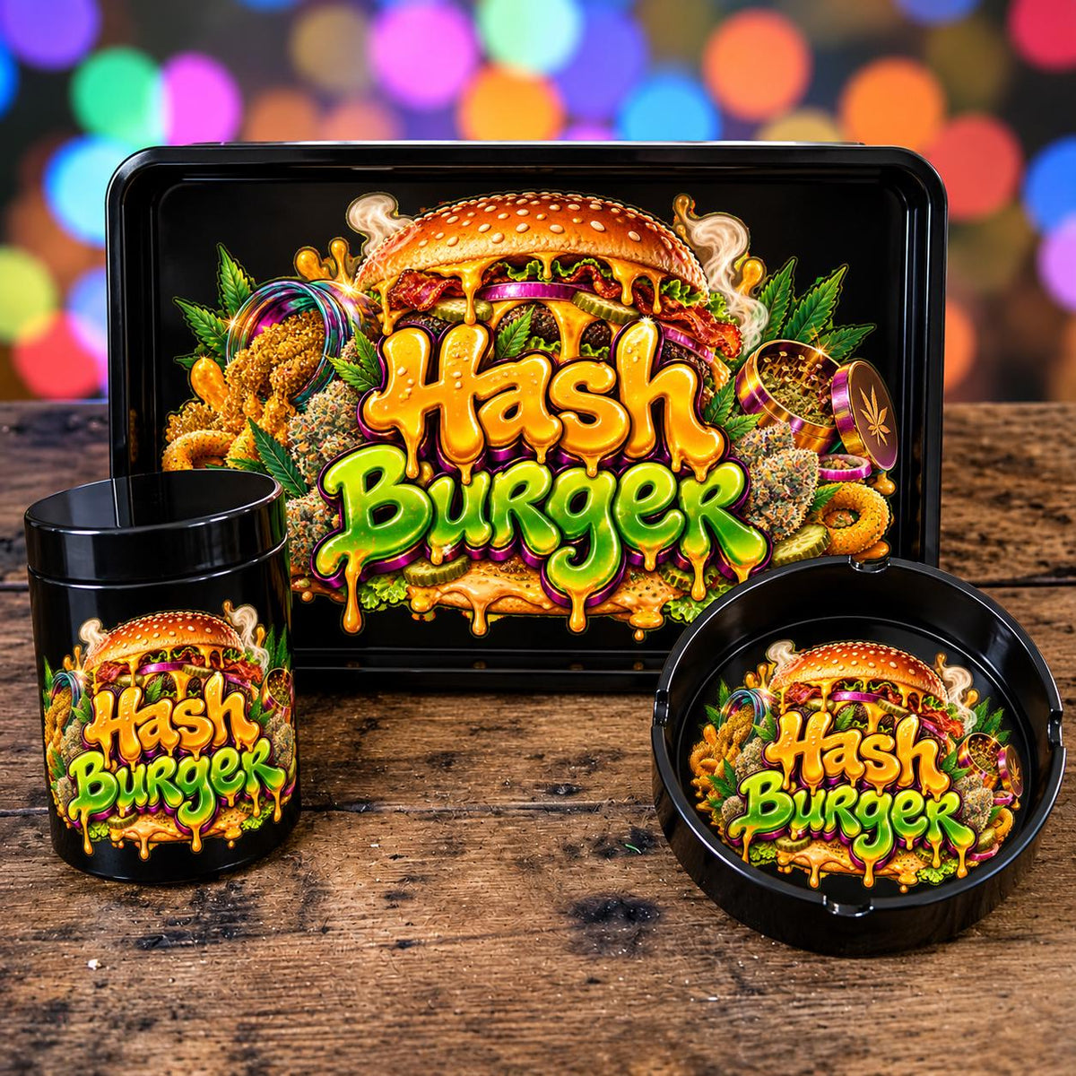Cheeseburger Rolling Tray Set with Optional Stash Jar & Ashtray, Black Drippy Cheese Food Design, Funny Foodie Gift for Him or Her