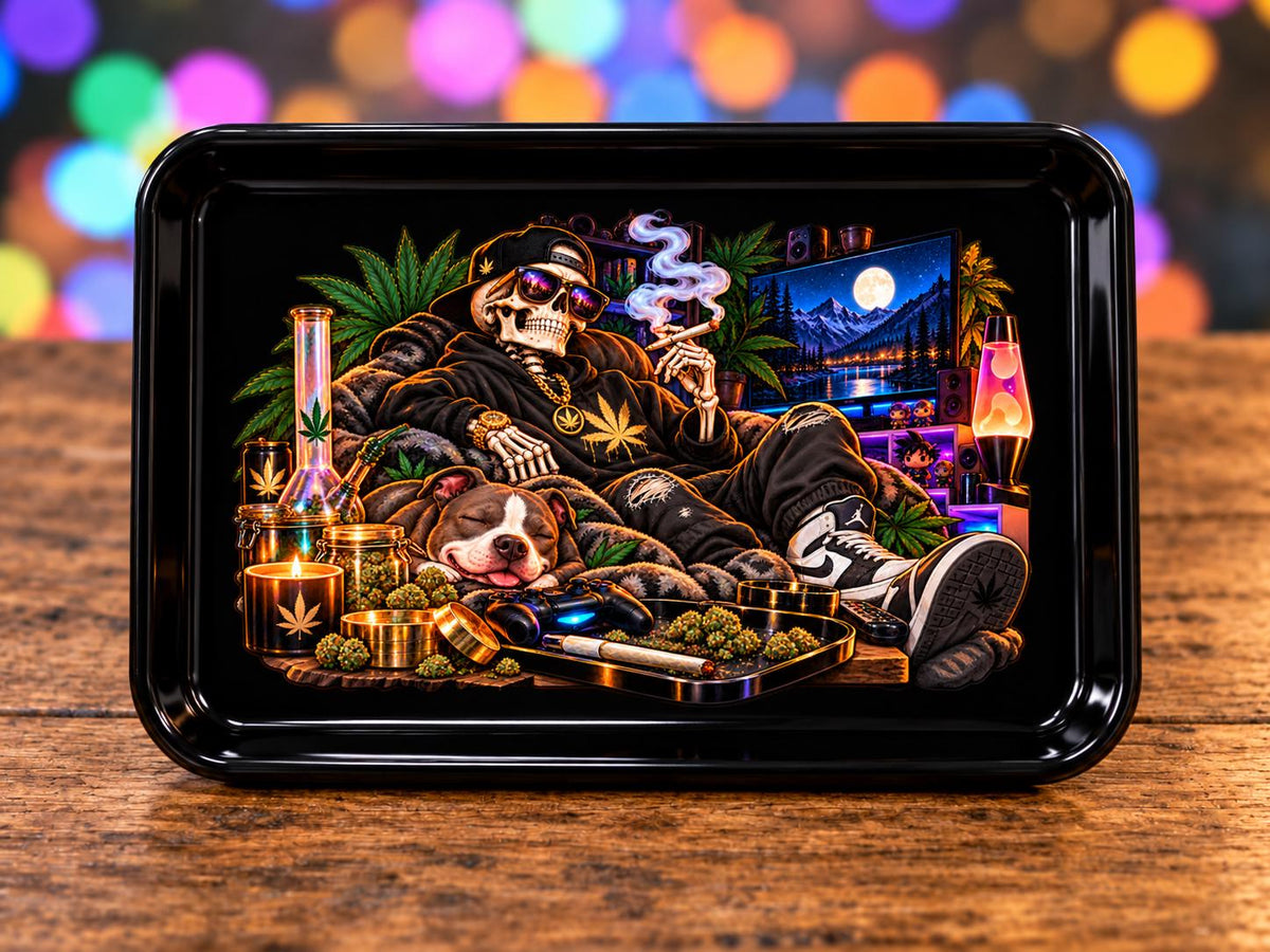 Skeleton Gamer Rolling Tray Set, Black Rolling Tray, Gamer Stoner Tray, Dog Lounge Tray, Matching Jar and Ashtray, Handmade Epoxy Tray Set
