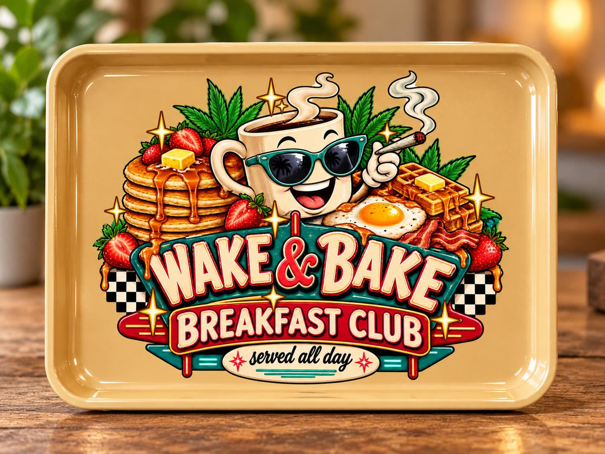 Wake and Bake Breakfast Club Rolling Tray, Tan Rolling Tray, Breakfast Weed Tray, Matching Jar and Ashtray, Handmade Epoxy Tray Set