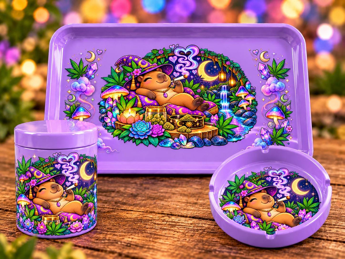 Mystic Capybara Rolling Tray Set, Lavender Rolling Tray, Cute Tray, Mushroom Garden Tray, Matching Jar and Ashtray, Handmade Epoxy Tray Set
