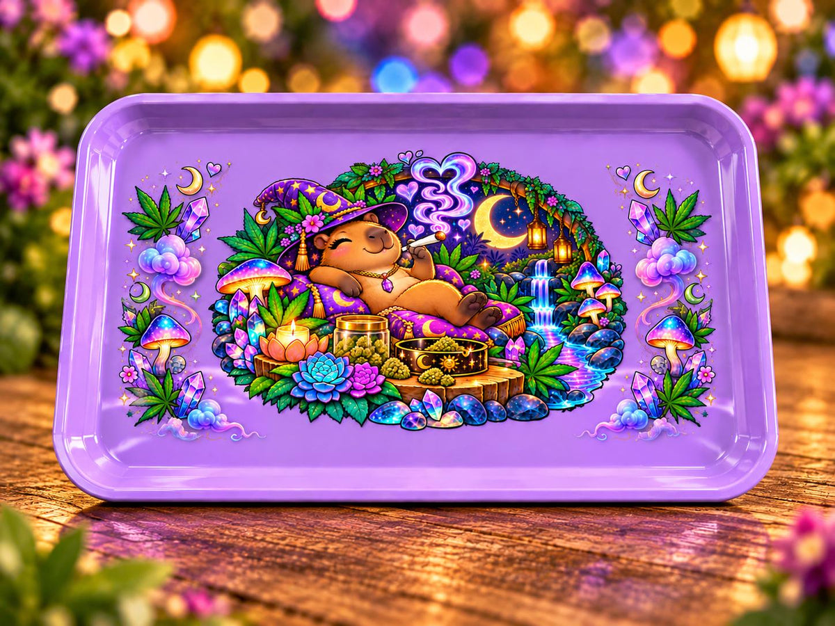 Mystic Capybara Rolling Tray Set, Lavender Rolling Tray, Cute Tray, Mushroom Garden Tray, Matching Jar and Ashtray, Handmade Epoxy Tray Set
