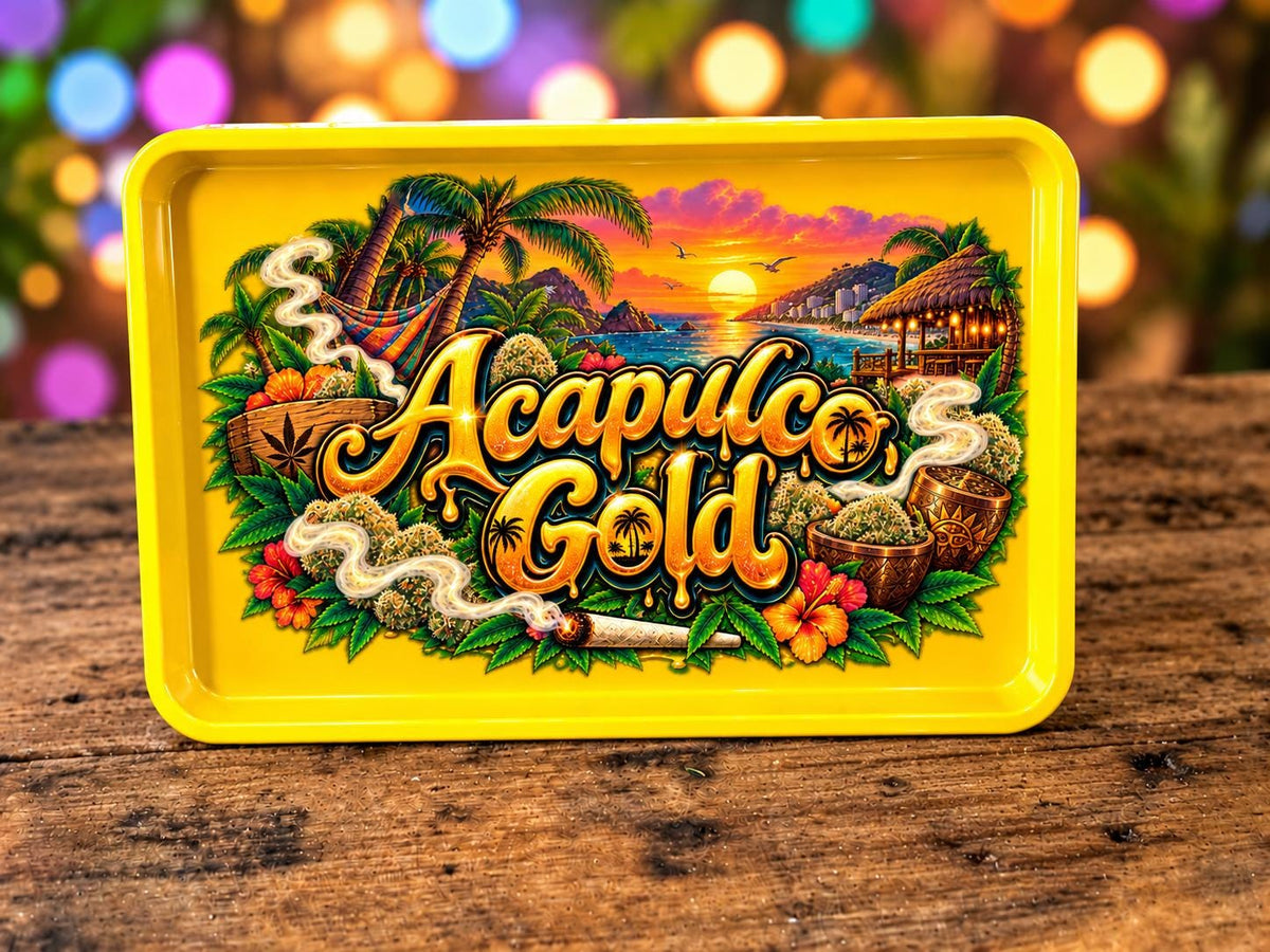 Acapulco Gold Rolling Tray Set with Optional Stash Jar & Ashtray, Tropical Beach Sunset Palm Tree Design, Yellow Gift for Him or Her