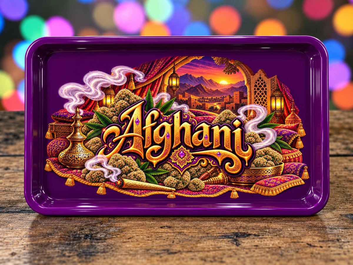 Afghani Rolling Tray Set with Optional Stash Jar & Ashtray, Purple and Gold Moroccan Lantern Design, Boho Desert Sunset Gift for Him or Her