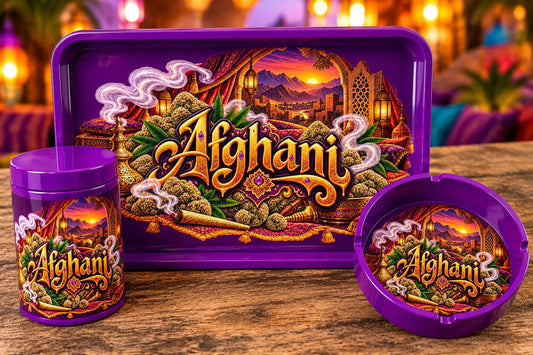 Afghani Rolling Tray Set with Optional Stash Jar & Ashtray, Purple and Gold Moroccan Lantern Design, Boho Desert Sunset Gift for Him or Her