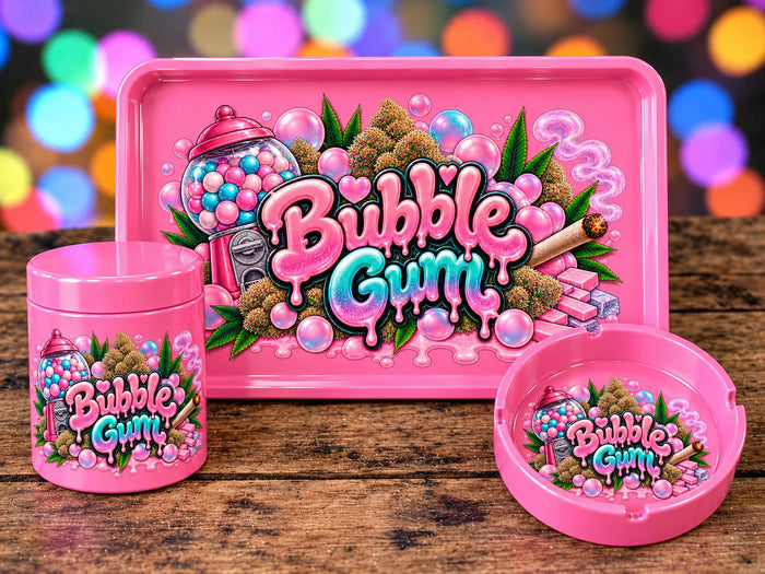 Bubble Gum Rolling Tray Set with Optional Stash Jar & Ashtray, Pink Gumball Machine Candy Design, Cute Girly Gift for Her