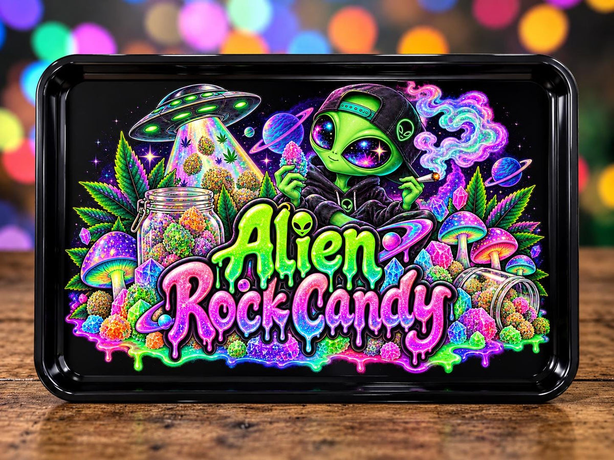 Alien Rock Candy Rolling Tray Set with Optional Stash Jar & Ashtray, Black Neon UFO Space Design, Trippy Mushroom Gift for Him or Her