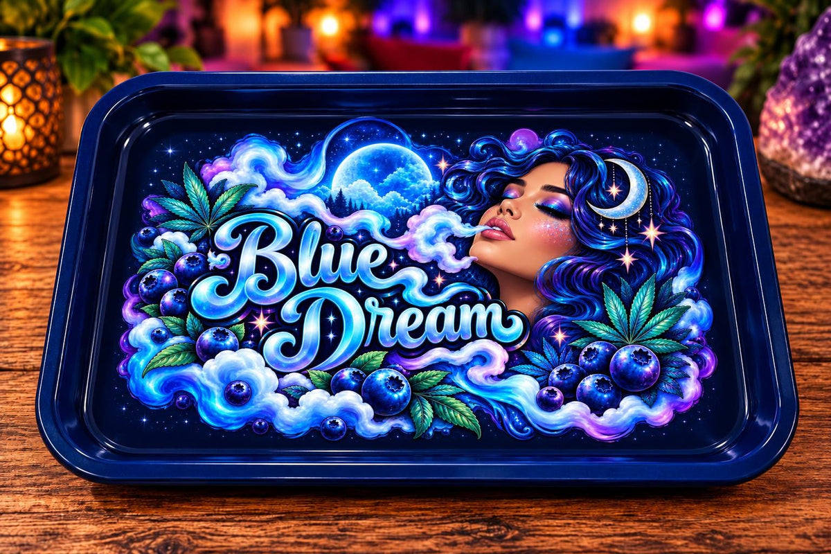 Blue Dream Rolling Tray Set with Optional Stash Jar & Ashtray, Navy Celestial Moon Goddess Design, Blueberry Galaxy Gift for Her