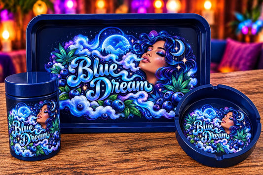 Blue Dream Rolling Tray Set with Optional Stash Jar & Ashtray, Navy Celestial Moon Goddess Design, Blueberry Galaxy Gift for Her