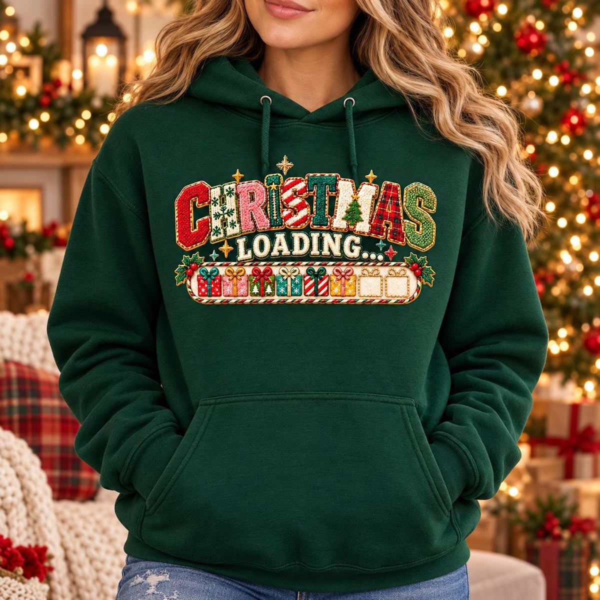 Christmas Loading PNG, Faux Chenille Patch Letters, Retro Christmas Sublimation Design, Kids Christmas Shirt PNG, Embroidery Look DTF