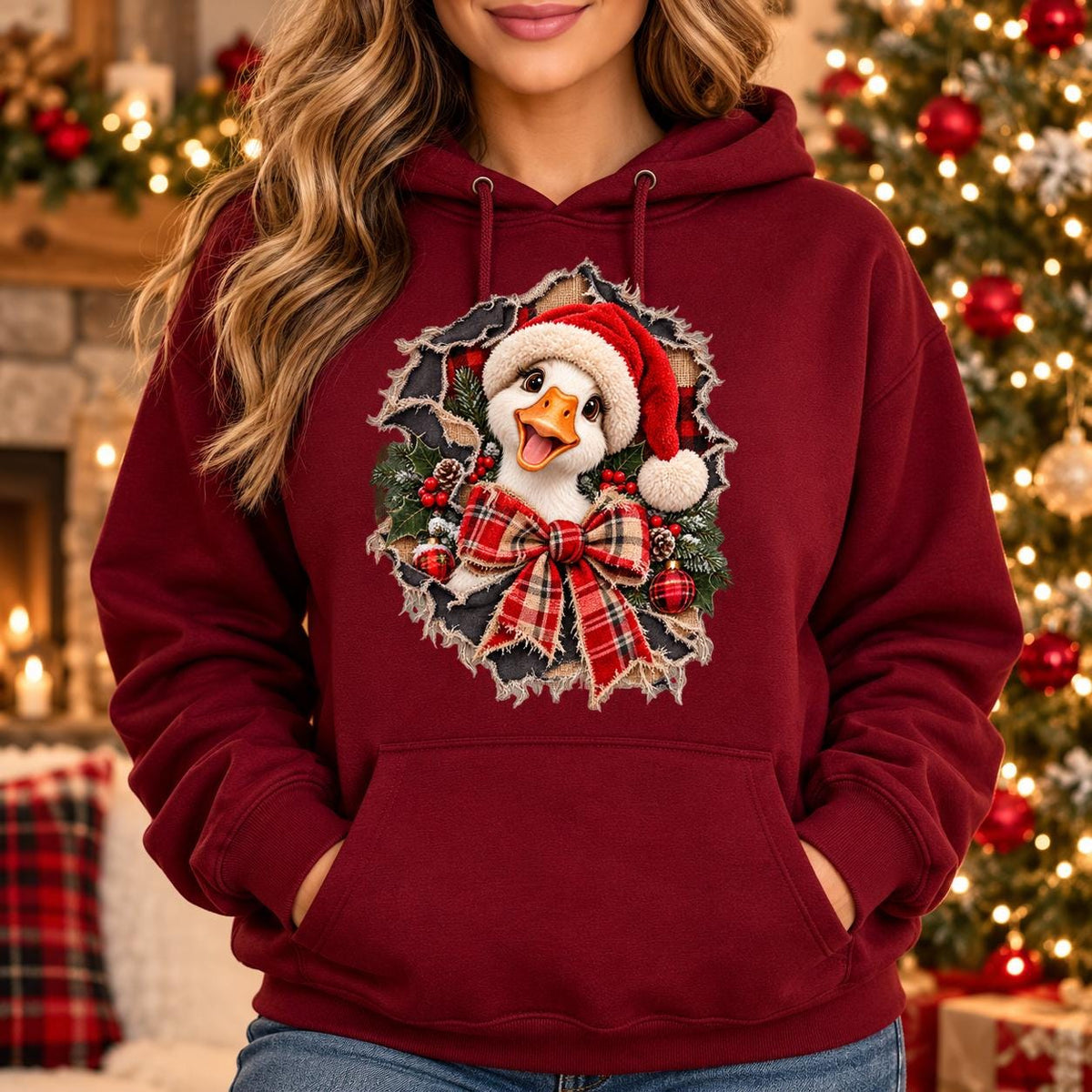 Christmas Goose PNG, Silly Goose Santa Hat Sublimation Design, Farmhouse Christmas Shirt, Buffalo Plaid Torn Hole PNG, Xmas Duck DTF