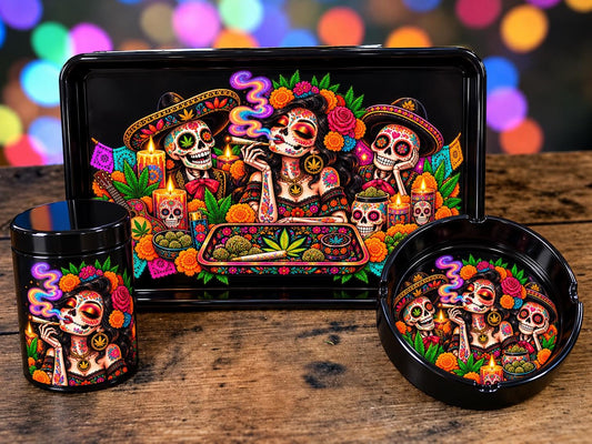 Day of the Dead Rolling Tray Set with Optional Stash Jar & Ashtray, Black Sugar Skull Catrina Design, Dia de los Muertos Gift