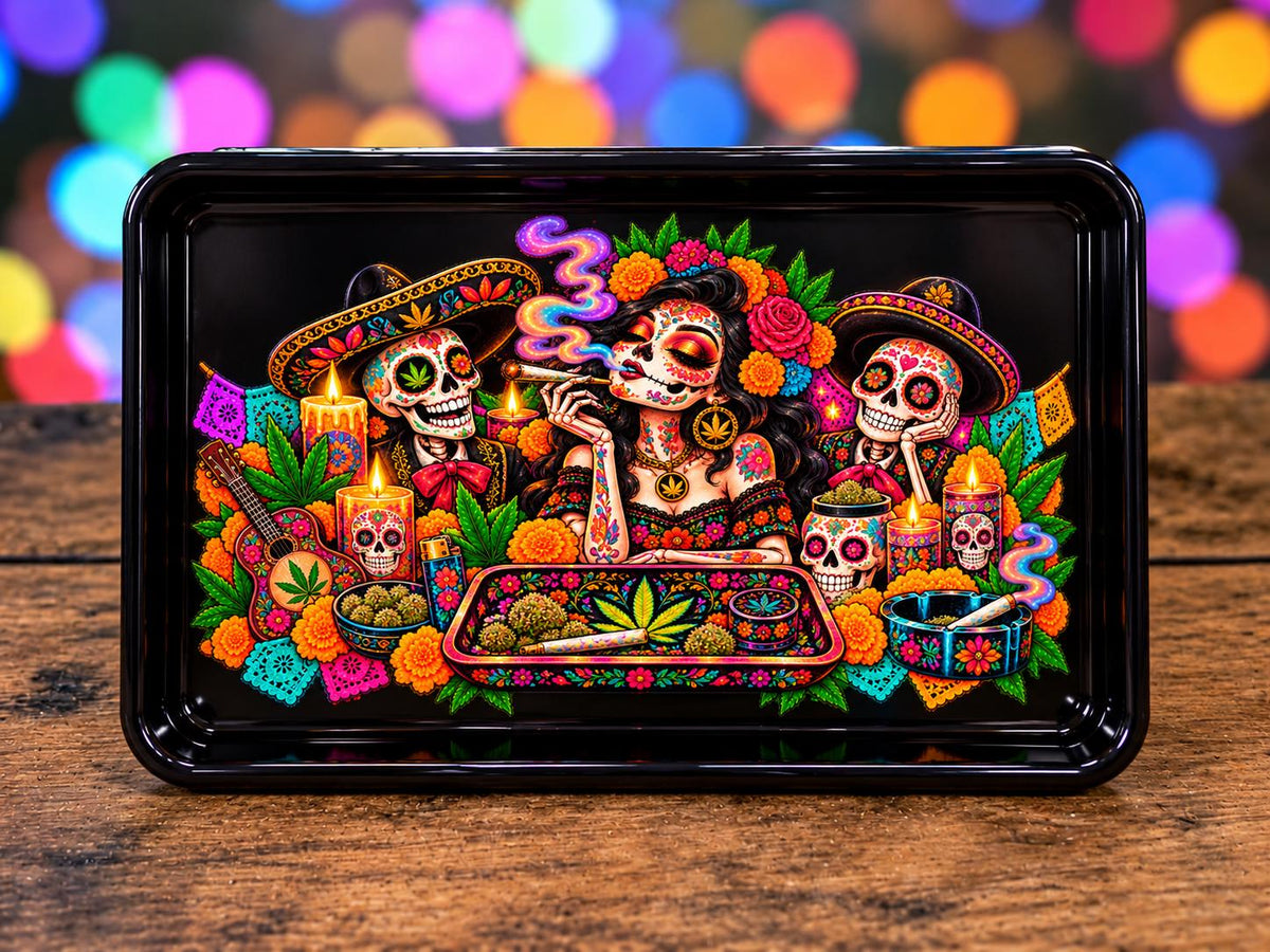 Day of the Dead Rolling Tray Set with Optional Stash Jar & Ashtray, Black Sugar Skull Catrina Design, Dia de los Muertos Gift