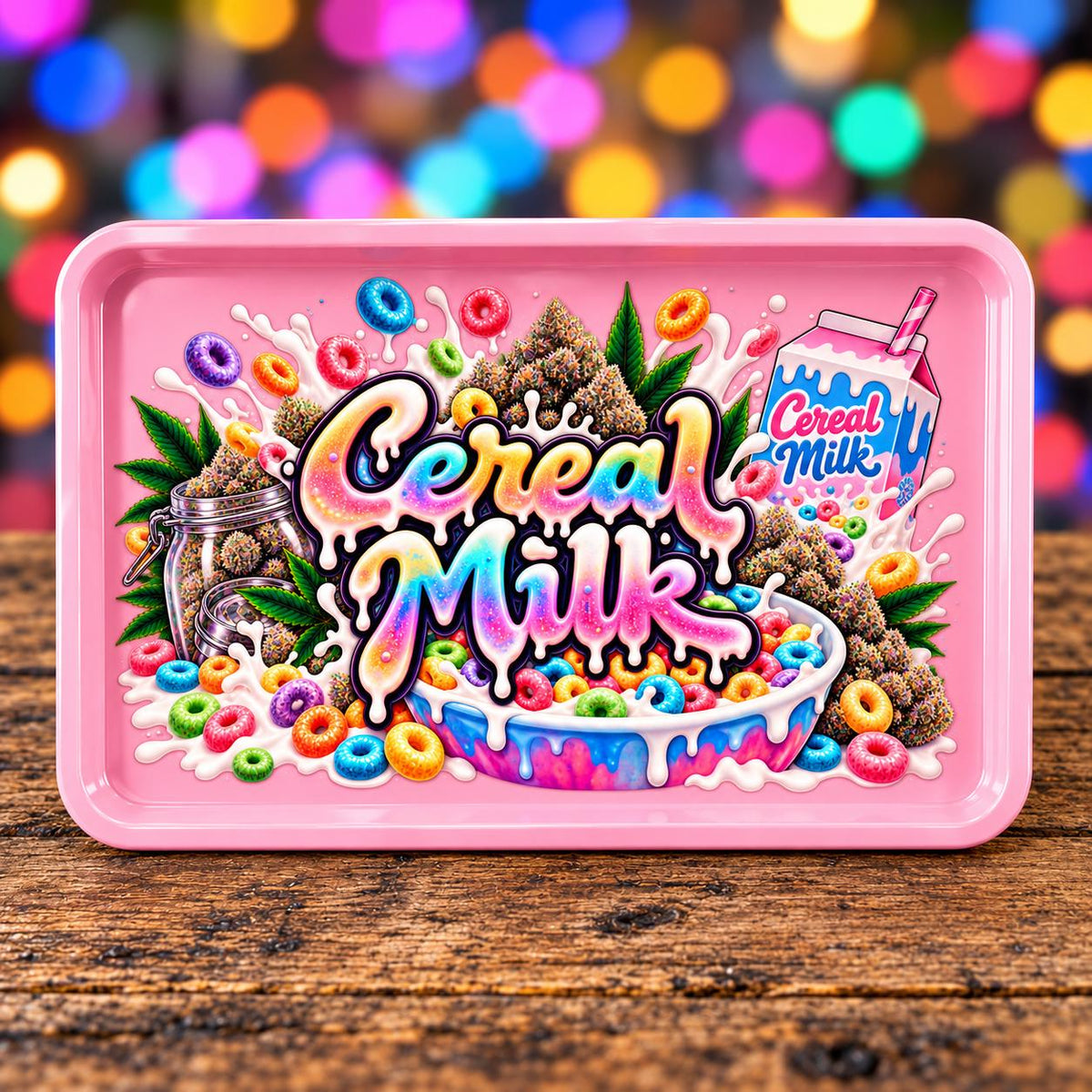 Cereal Milk Rolling Tray Set with Optional Stash Jar & Ashtray, Pink Rainbow Breakfast Bowl Design, Cute Girly Gift for Her