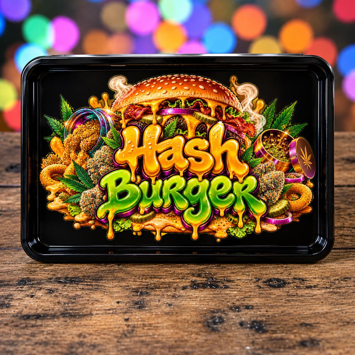 Cheeseburger Rolling Tray Set with Optional Stash Jar & Ashtray, Black Drippy Cheese Food Design, Funny Foodie Gift for Him or Her