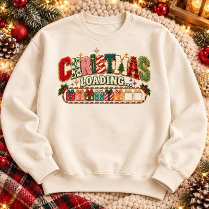 Christmas Loading PNG, Faux Chenille Patch Letters, Retro Christmas Sublimation Design, Kids Christmas Shirt PNG, Embroidery Look DTF