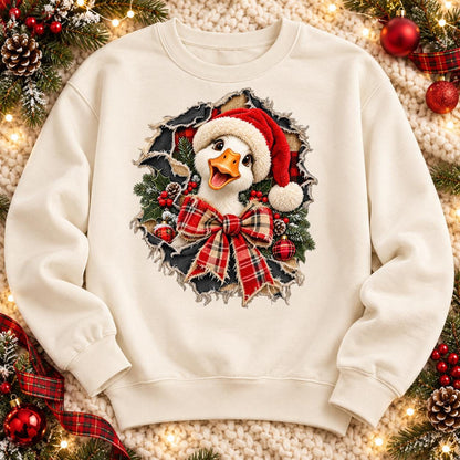 Christmas Goose PNG, Silly Goose Santa Hat Sublimation Design, Farmhouse Christmas Shirt, Buffalo Plaid Torn Hole PNG, Xmas Duck DTF