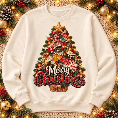 Merry Christmas Tree PNG, Patchwork Quilt Christmas Sublimation Design, Vintage Farmhouse Christmas Shirt PNG, Buffalo Plaid Xmas DTF